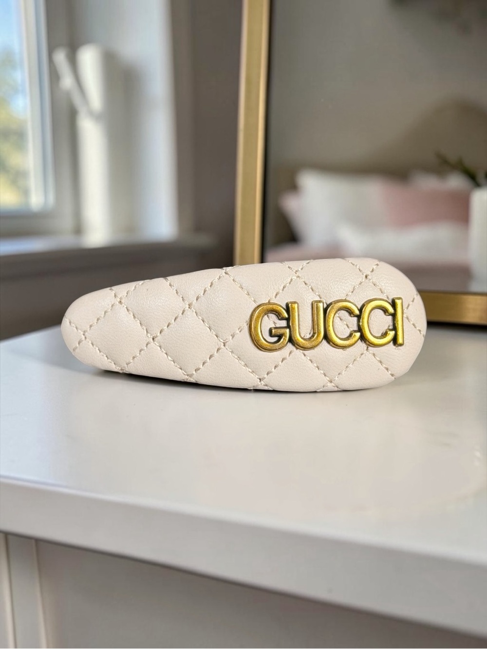 Hair Clip - Quilted Cream Vegan Leather Logo Hair Clip with Gold Hardware - NEW